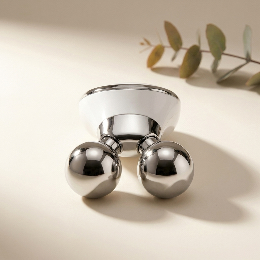 Cloudskin Microcurrent Face Sculptor standing upright, white body with smooth polished chrome roller spheres