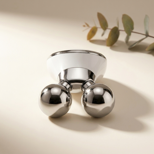 Cloudskin Microcurrent Face Sculptor standing upright, white body with smooth polished chrome roller spheres